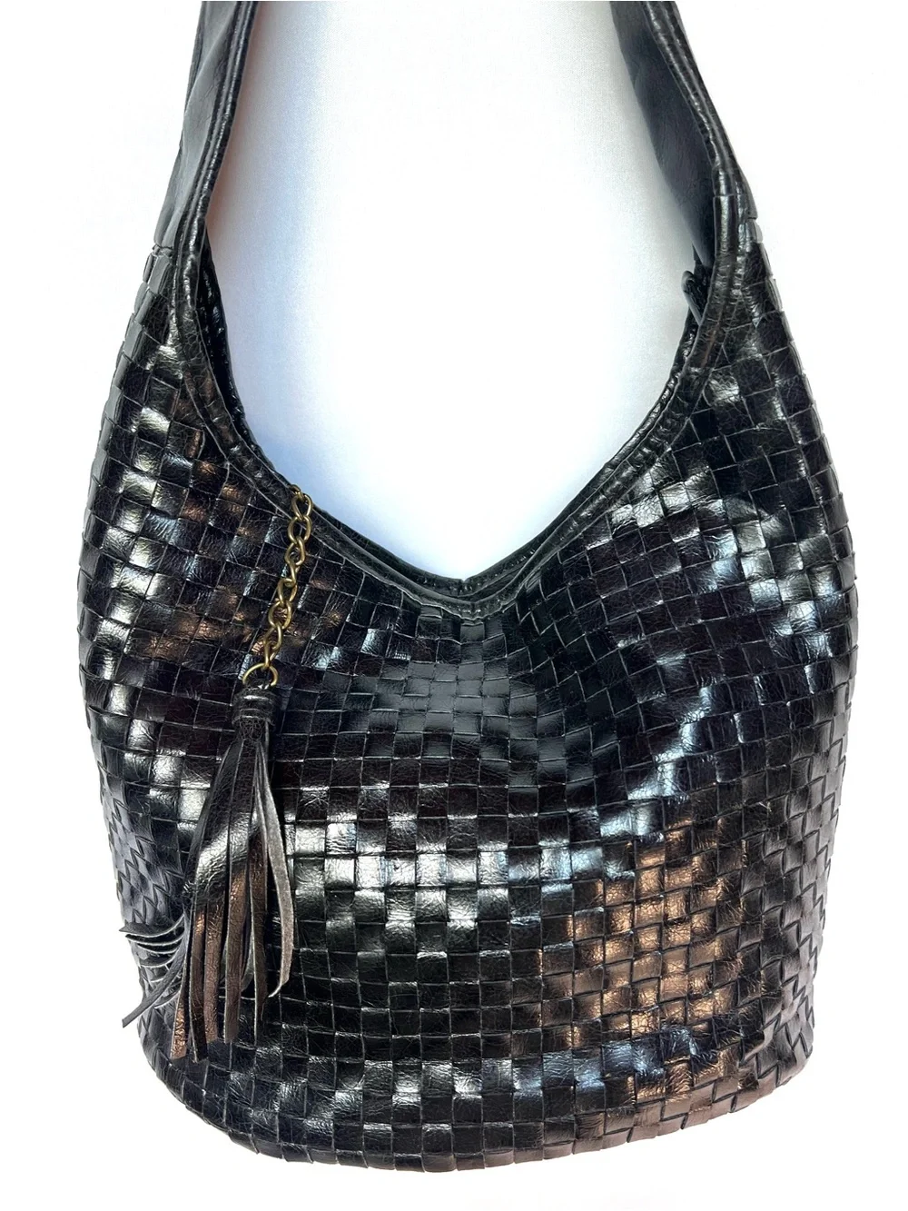 Braciano Woven Faux Leather Hobo Bag Black Tassel Shoulder Purse - Picture 1 of 11